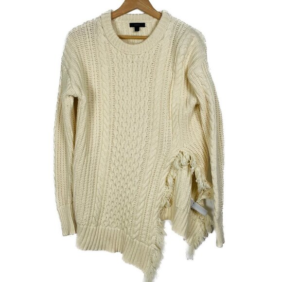 JCREW Cream Oversize Wool Blend Cable knit Fringe Asymmetrical Sweater Size: XS - Picture 1 of 13